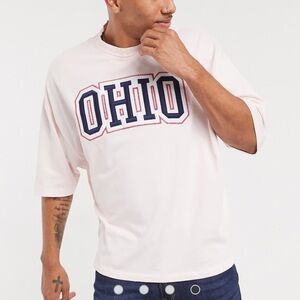 ASOS Ohio Embroidered Oversized Relaxed Fit Short Sleeve Tee Shirt Top Pink